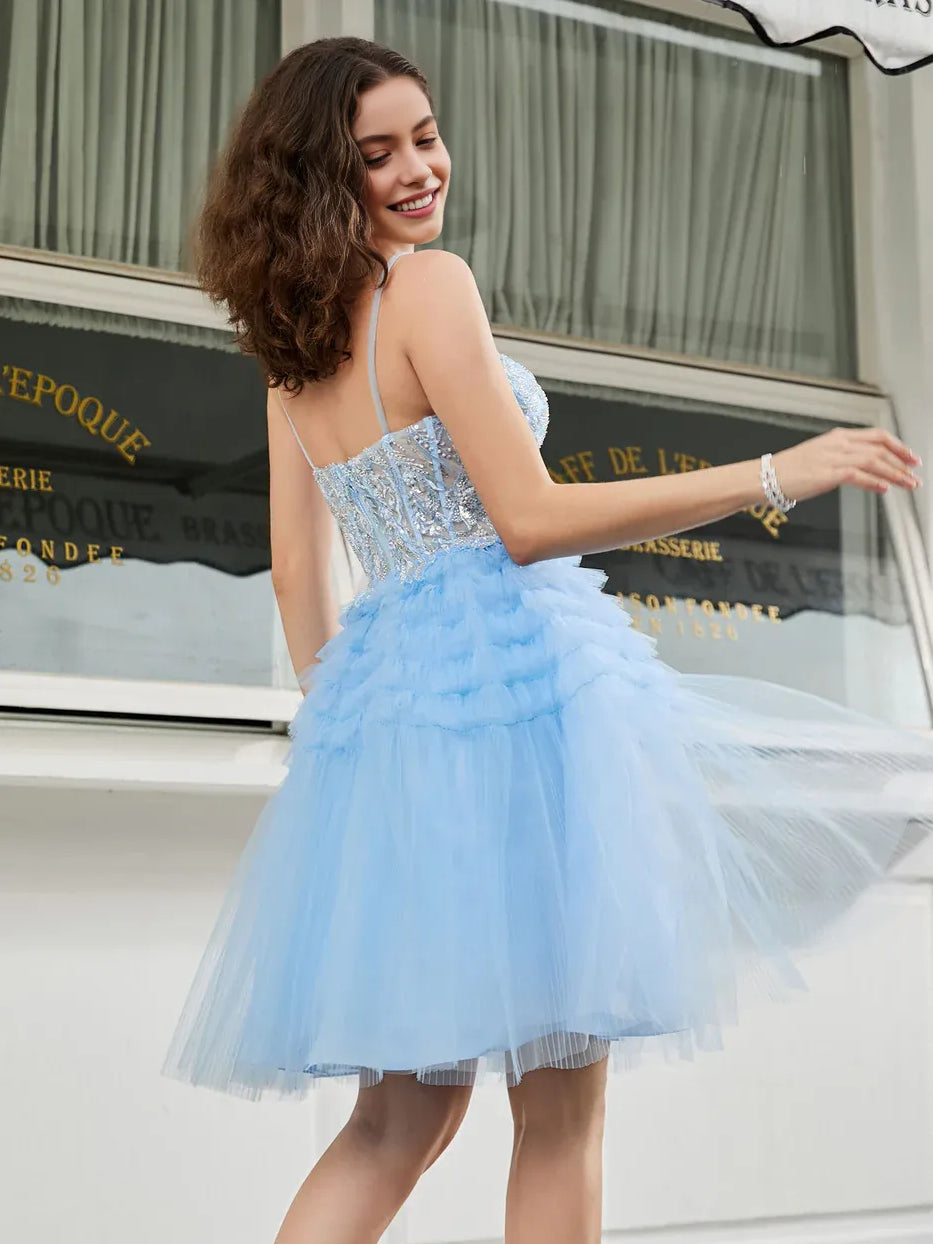 Light Blue mini homecoming dress, back view showing the rear of the dress