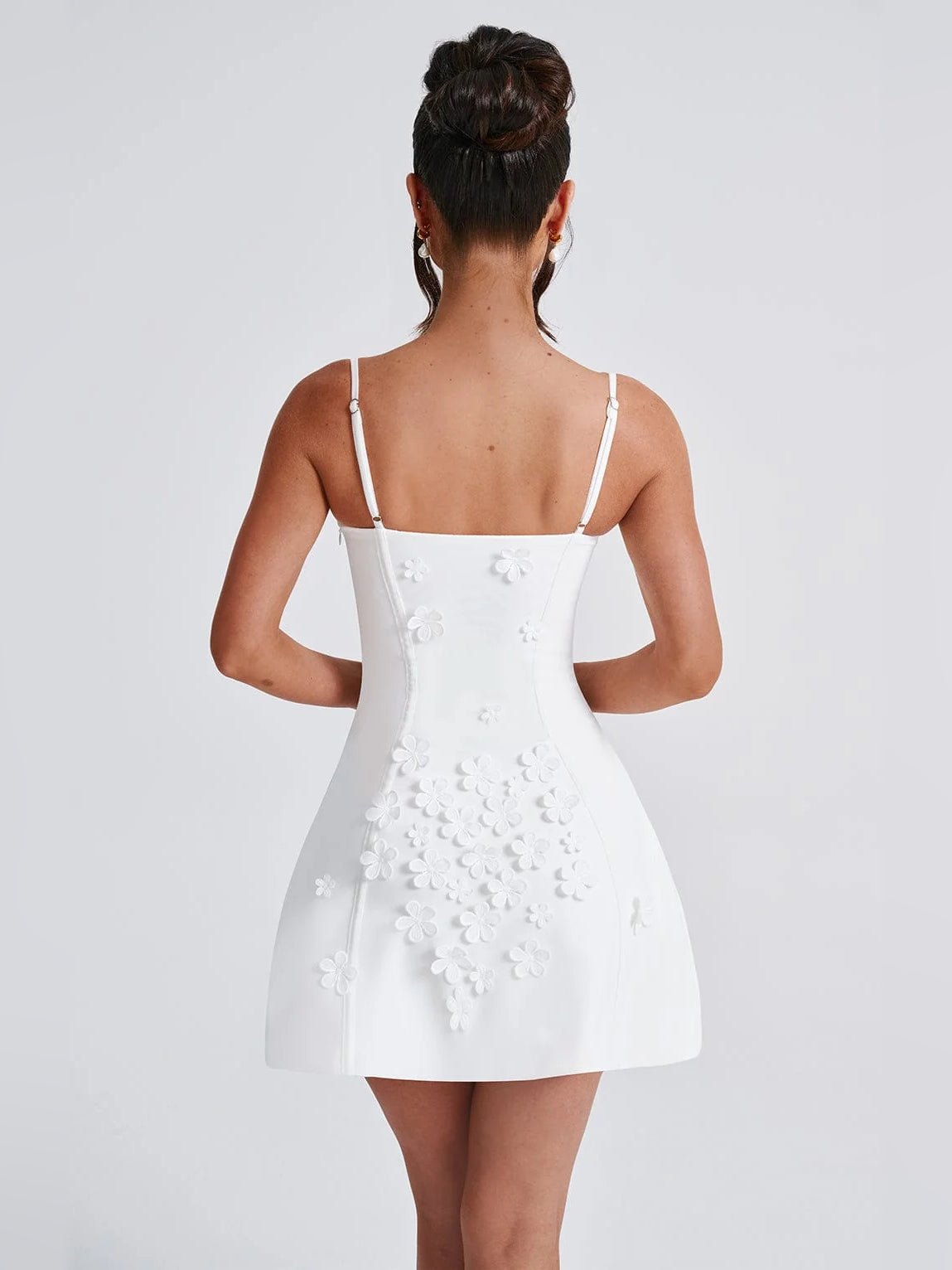 Ivory mini homecoming dress, alternate view showing the bodice and skirt