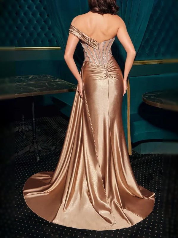 Champagne mermaid floor-length formal dress with draping, alternate view