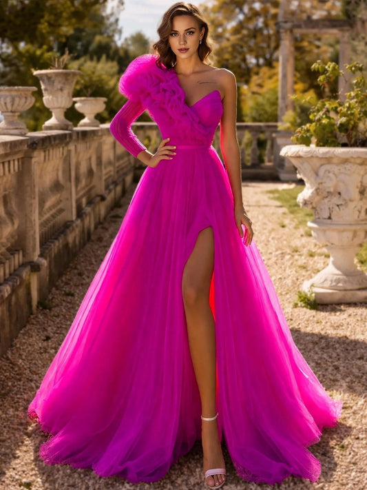 Hot Pink floor-length prom dress, alternate view showing the bodice and skirt
