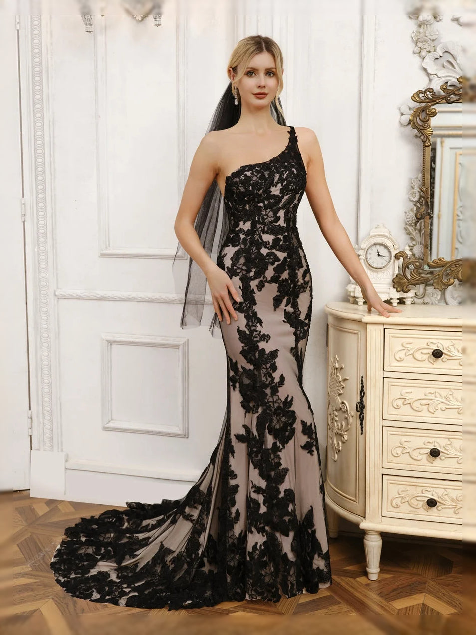 Black floor-length wedding dress, alternate view showing the bodice and skirt