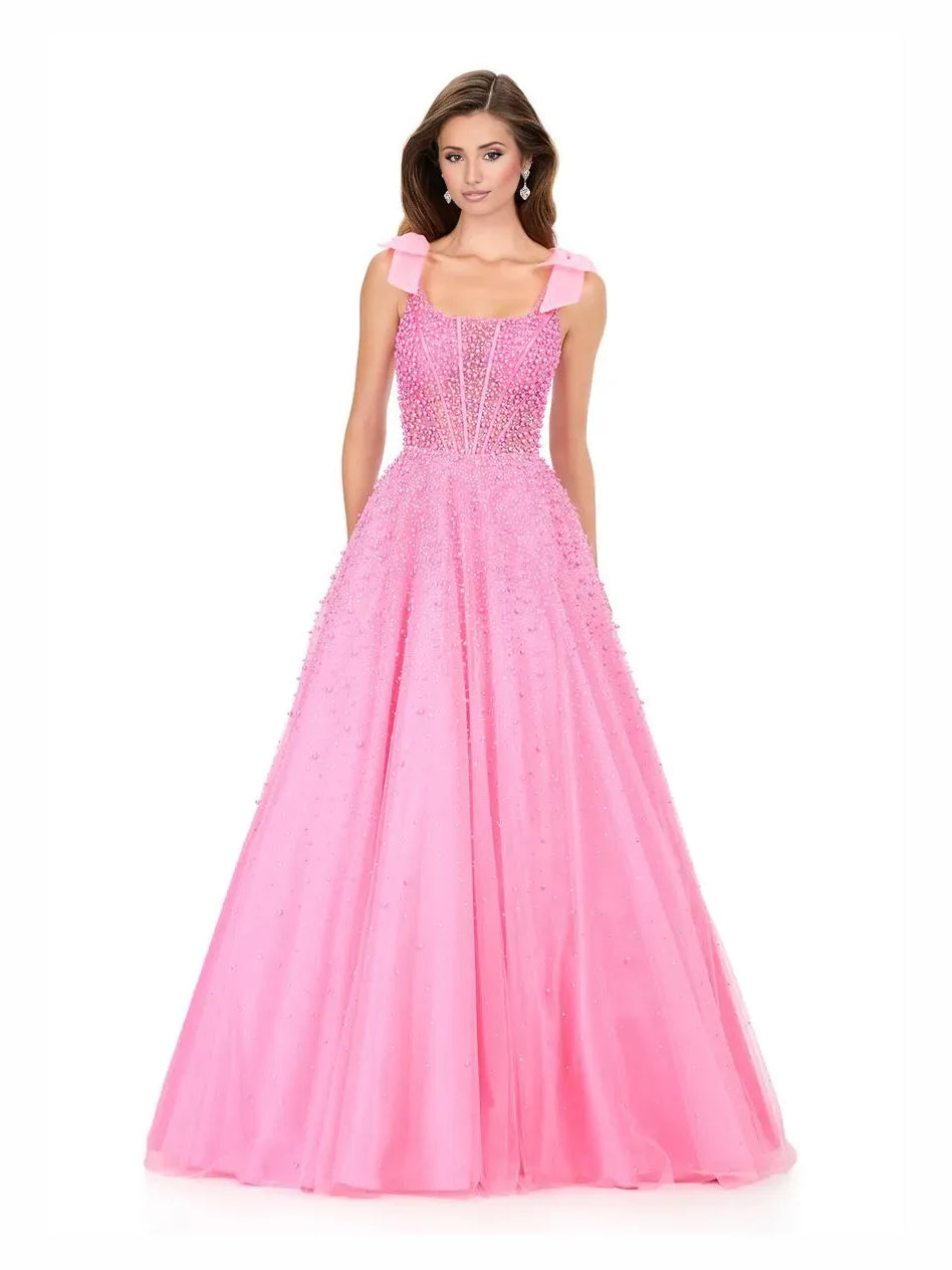 Pink floor-length prom dress, alternate view showing the bodice and skirt