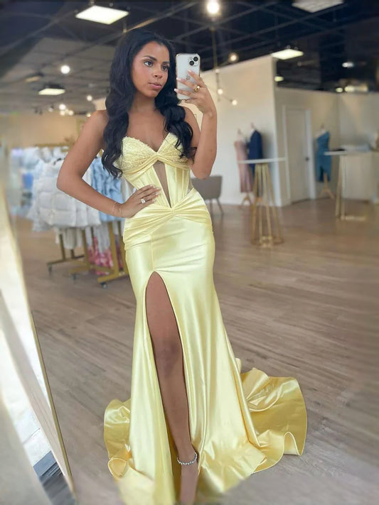 Yellow maxi prom dress, alternate view showing the bodice and skirt