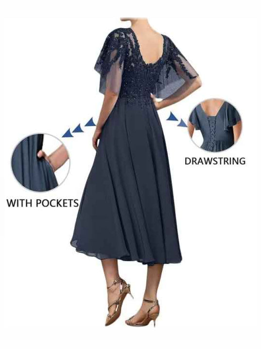 Emerald Green a-line tea-length formal dress with beading, alternate view
