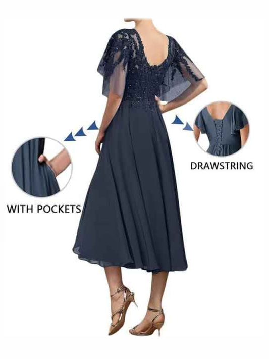 Emerald Green a-line tea-length formal dress with beading, alternate view
