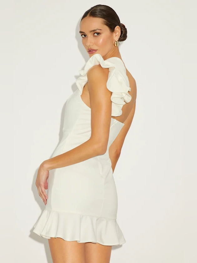 White mini homecoming dress, alternate view showing the bodice and skirt