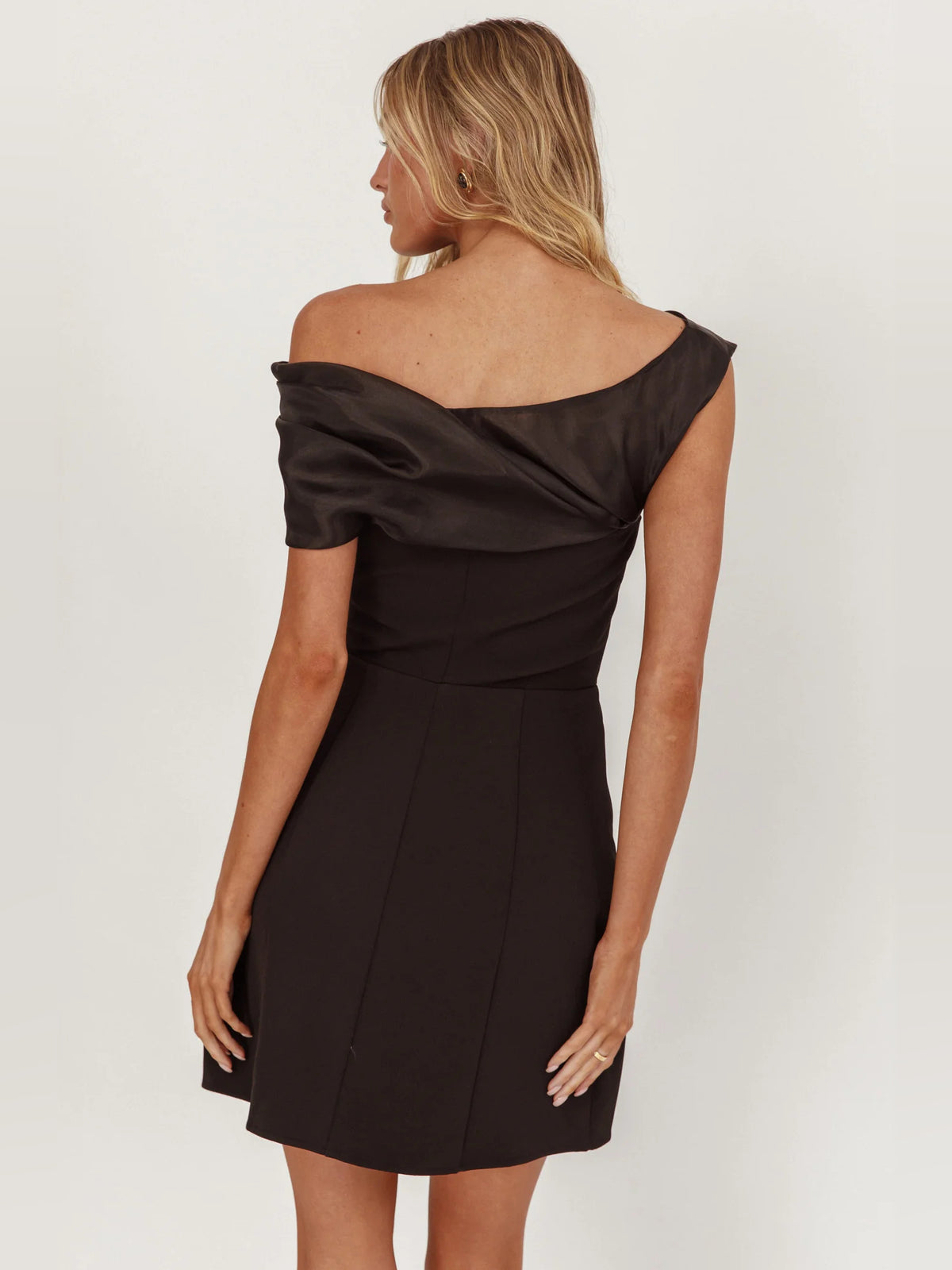 Black mini homecoming dress, alternate view showing the bodice and skirt