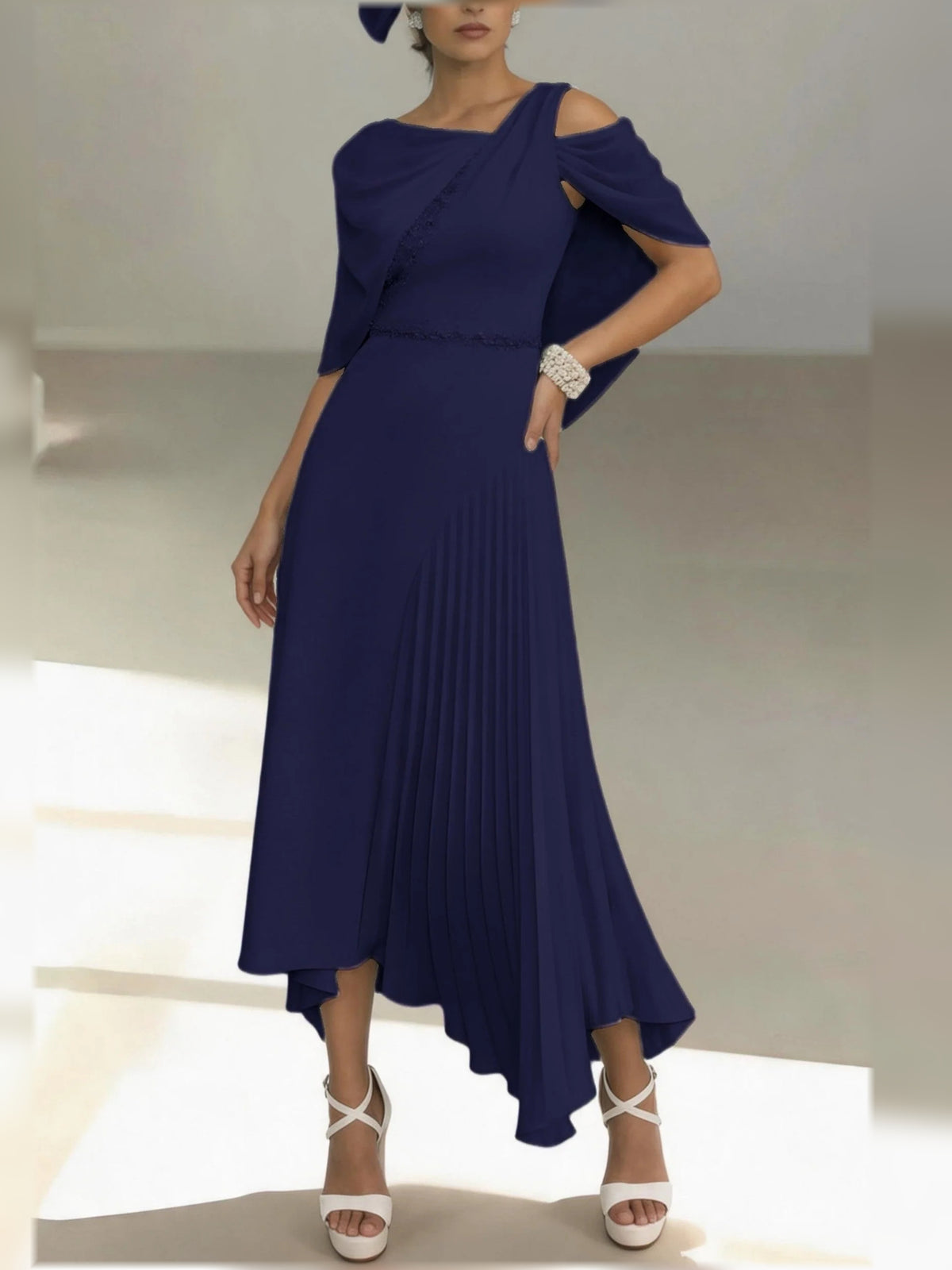 Dark Navy midi mother of the bride dress, alternate view showing the bodice and skirt