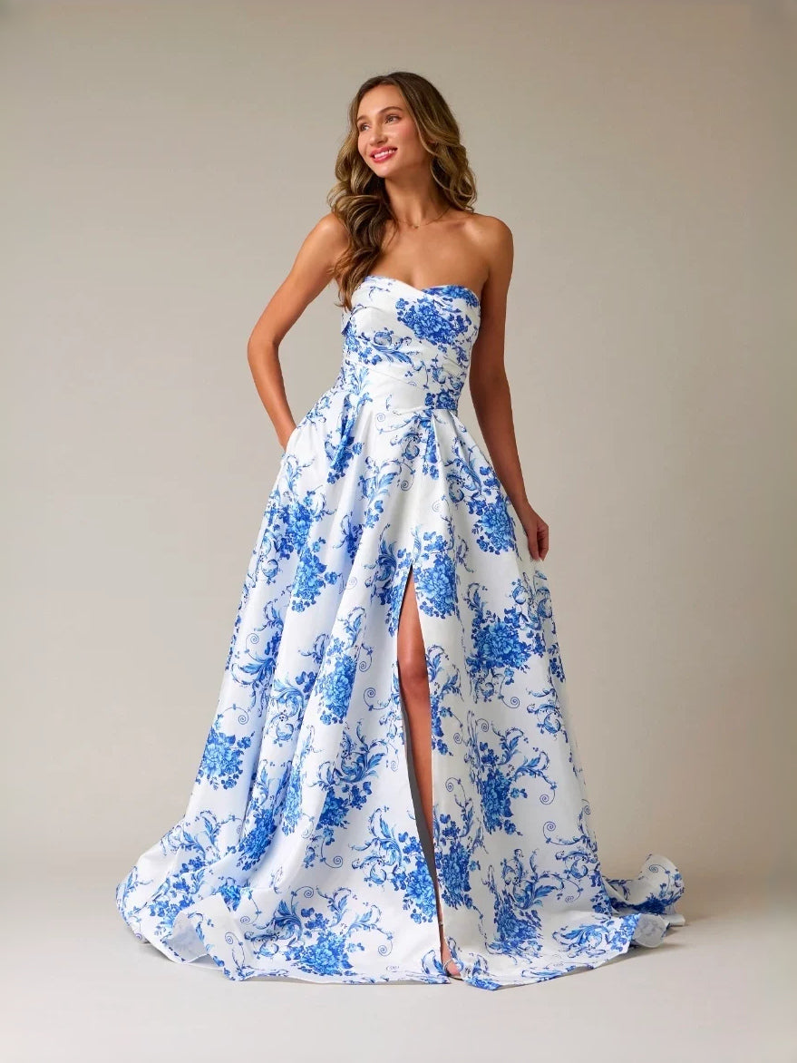 Blue maxi prom dress, alternate view showing the bodice and skirt