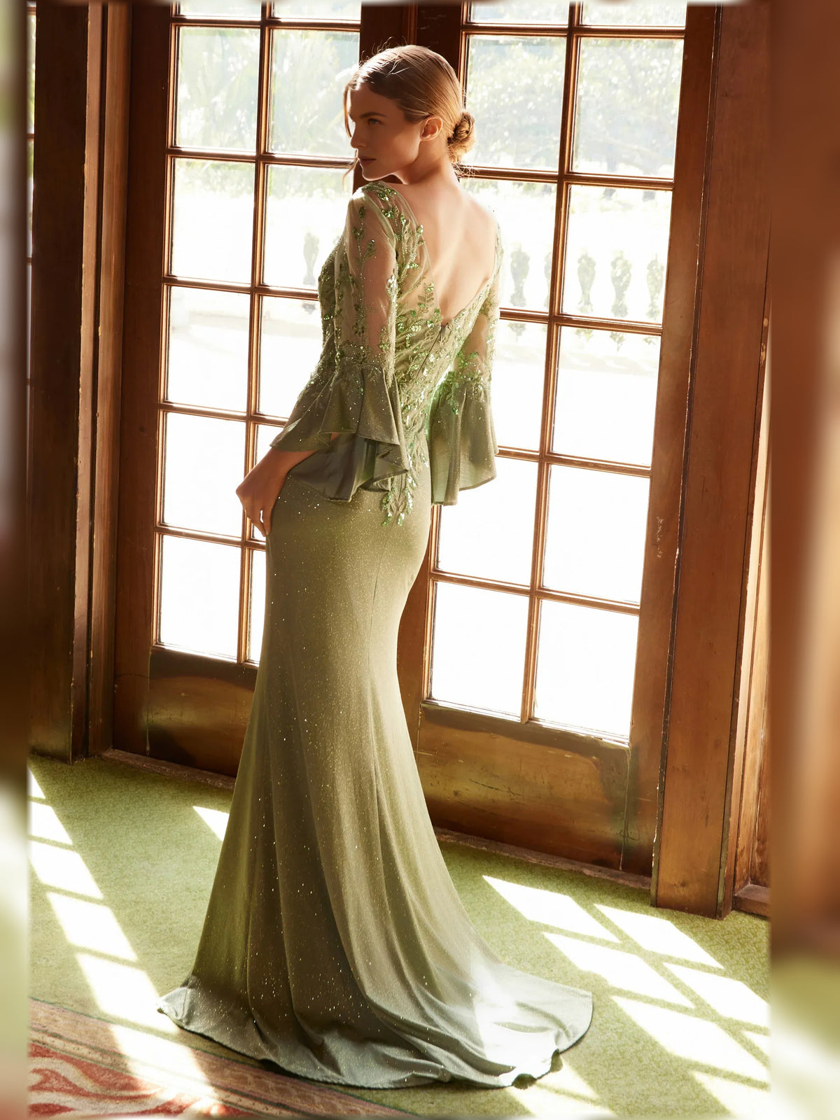 Sage Green maxi mother of the bride dress, alternate view showing the bodice and skirt