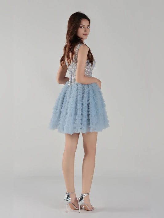 Dusty Blue mini homecoming dress, back view showing the rear of the dress