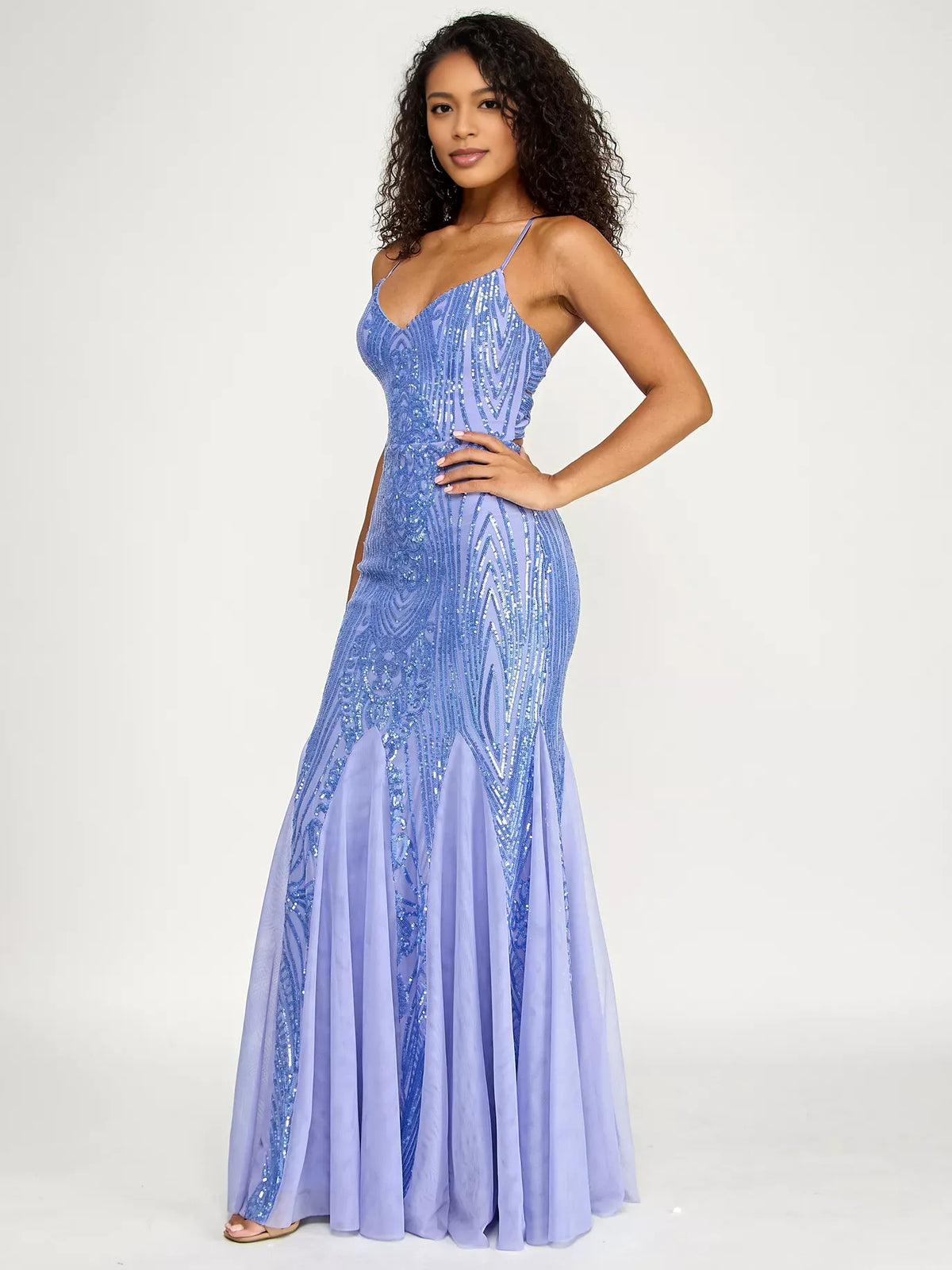 Periwinkle floor-length prom dress, back view showing the rear of the dress