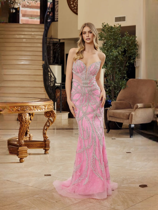 Pink floor-length prom dress, alternate view showing the bodice and skirt