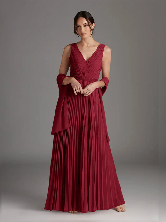 Burgundy maxi mother of the bride dress, alternate view showing the bodice and skirt