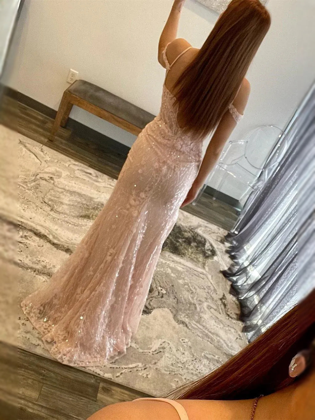 Blush Pink maxi prom dress, back view showing the rear of the dress