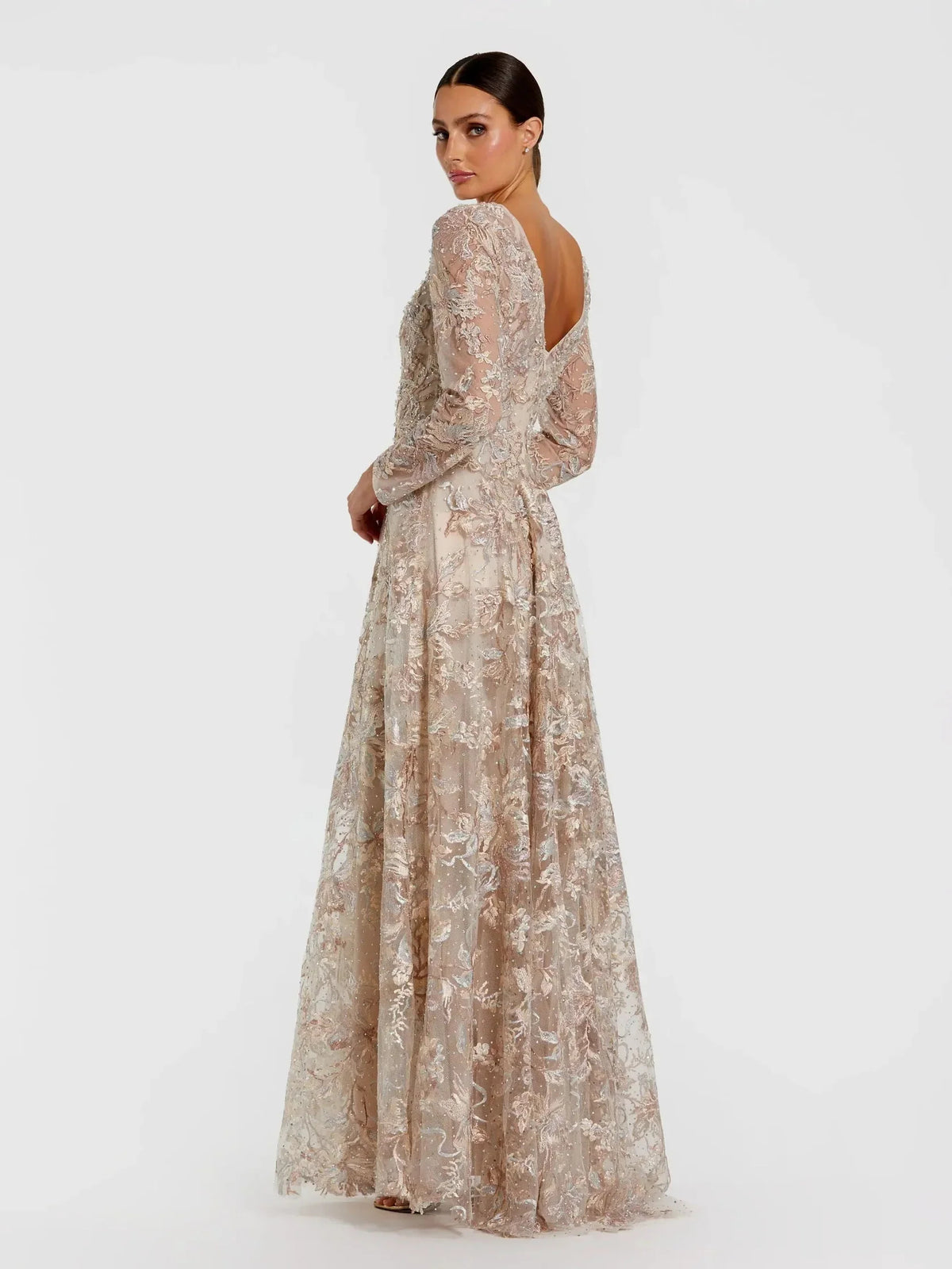 Champagne a-line floor-length formal dress with embroidery, alternate view