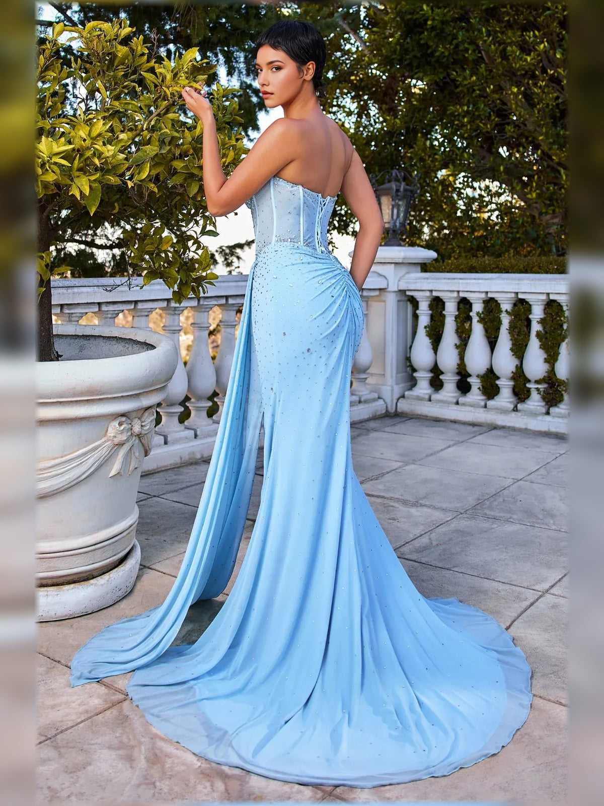 Light Blue mermaid floor-length formal dress with skirt slit, alternate view