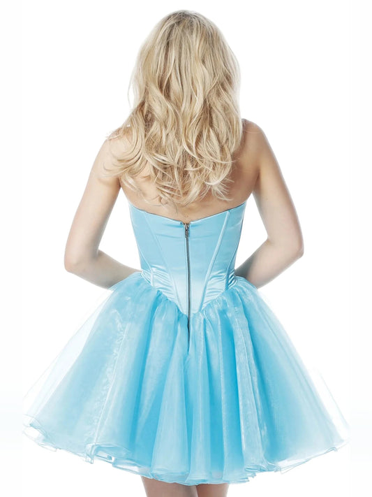 Sky Blue short homecoming dress, back view showing the rear of the dress