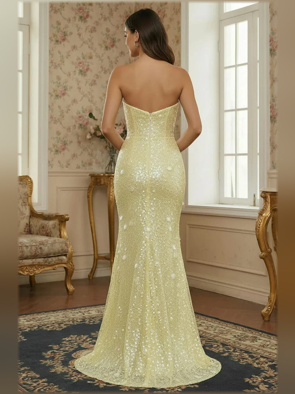 Yellow mermaid floor-length formal dress with sequins, alternate view