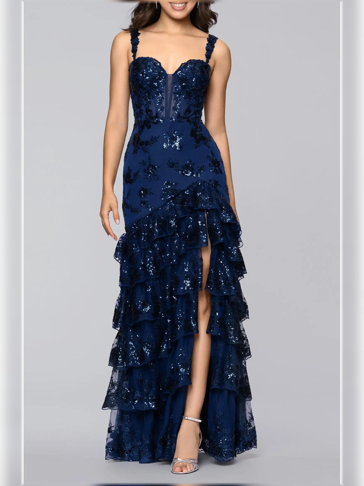 Navy Blue mermaid floor-length formal dress with tiered skirt, alternate view