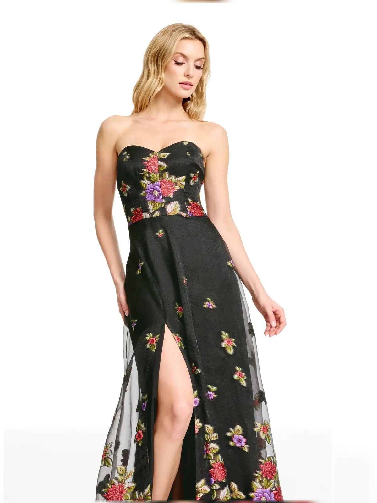 Black a-line floor-length formal dress with embroidery, alternate view