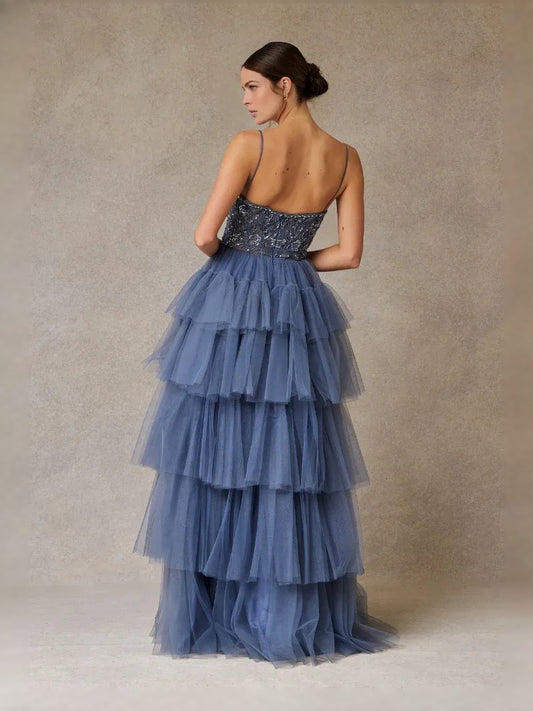 Slate Blue floor-length prom dress, alternate view showing the bodice and skirt