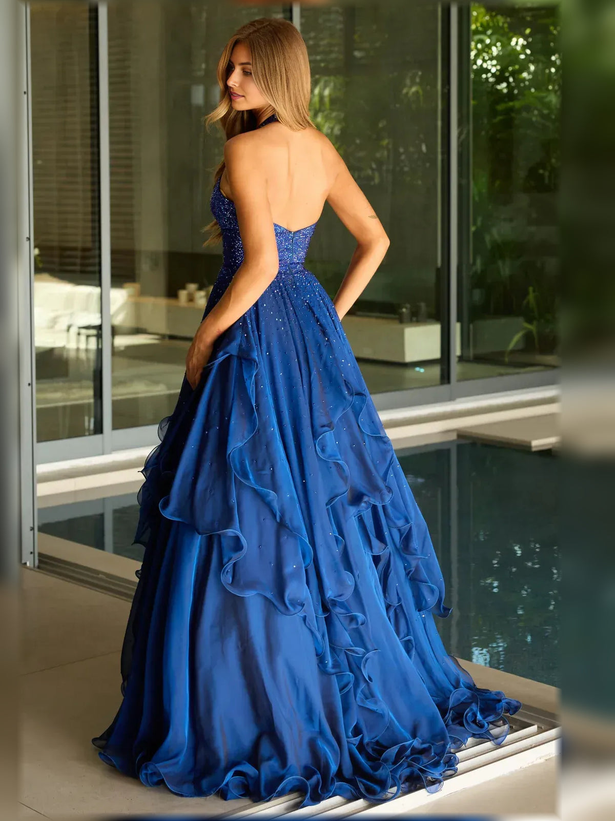 Dark Blue a-line floor-length formal dress with ruffle details, alternate view