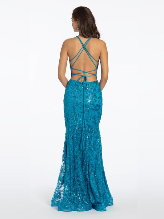 Turquoise floor-length prom dress, back view showing the rear of the dress