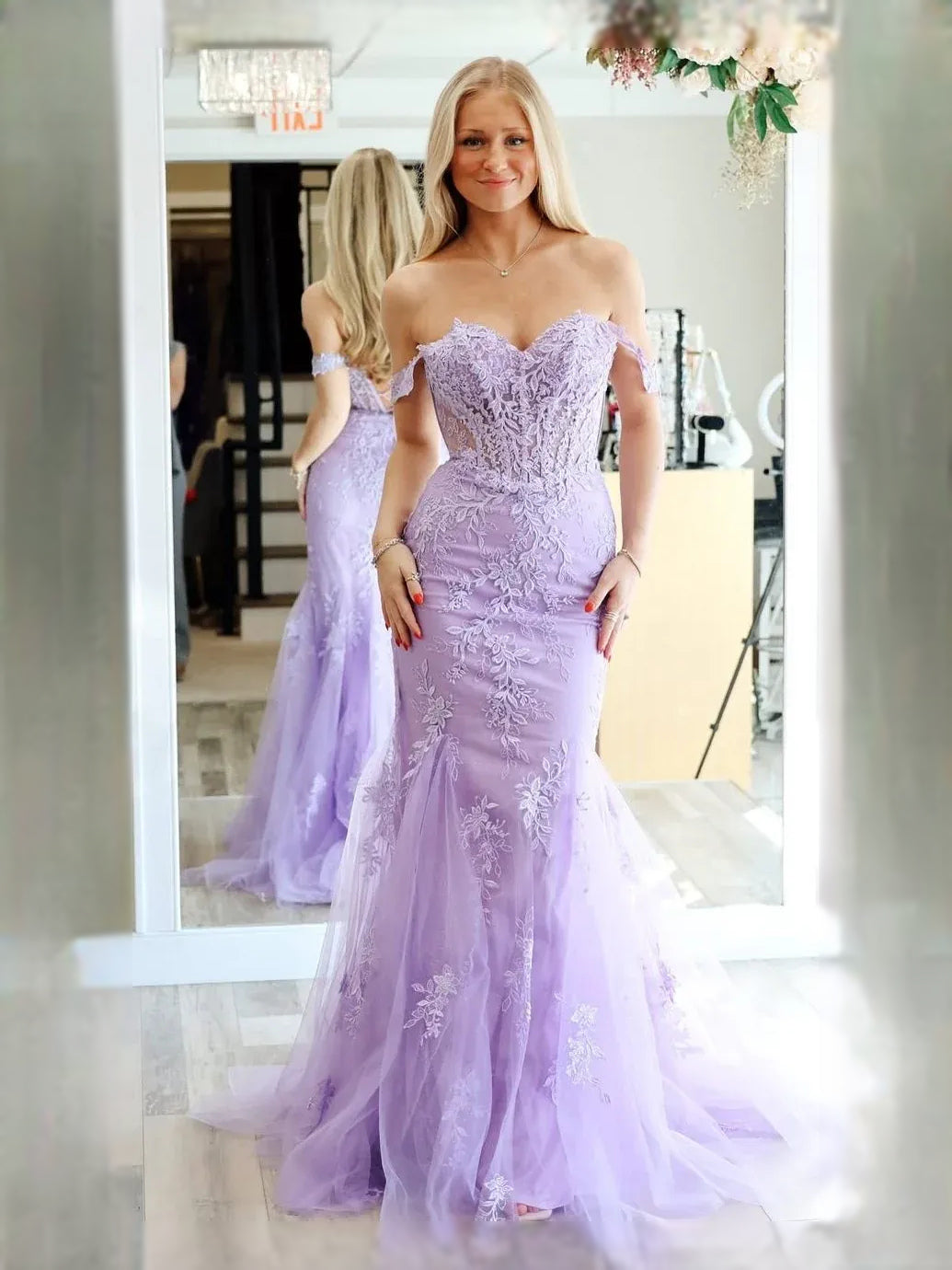 Lavender maxi prom dress, back view showing the rear of the dress