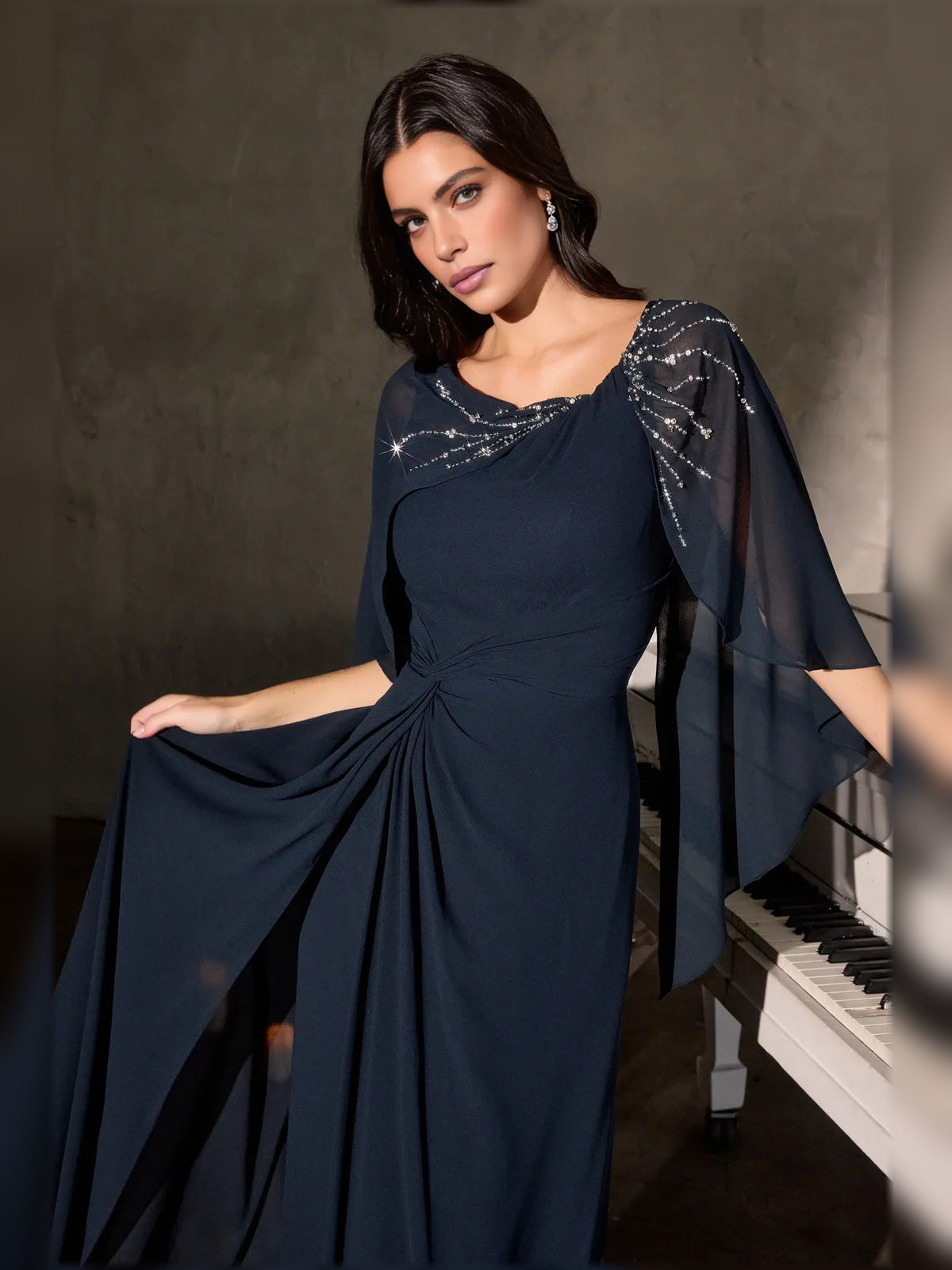 Navy Blue floor-length mother of the bride dress, alternate view showing the bodice and skirt