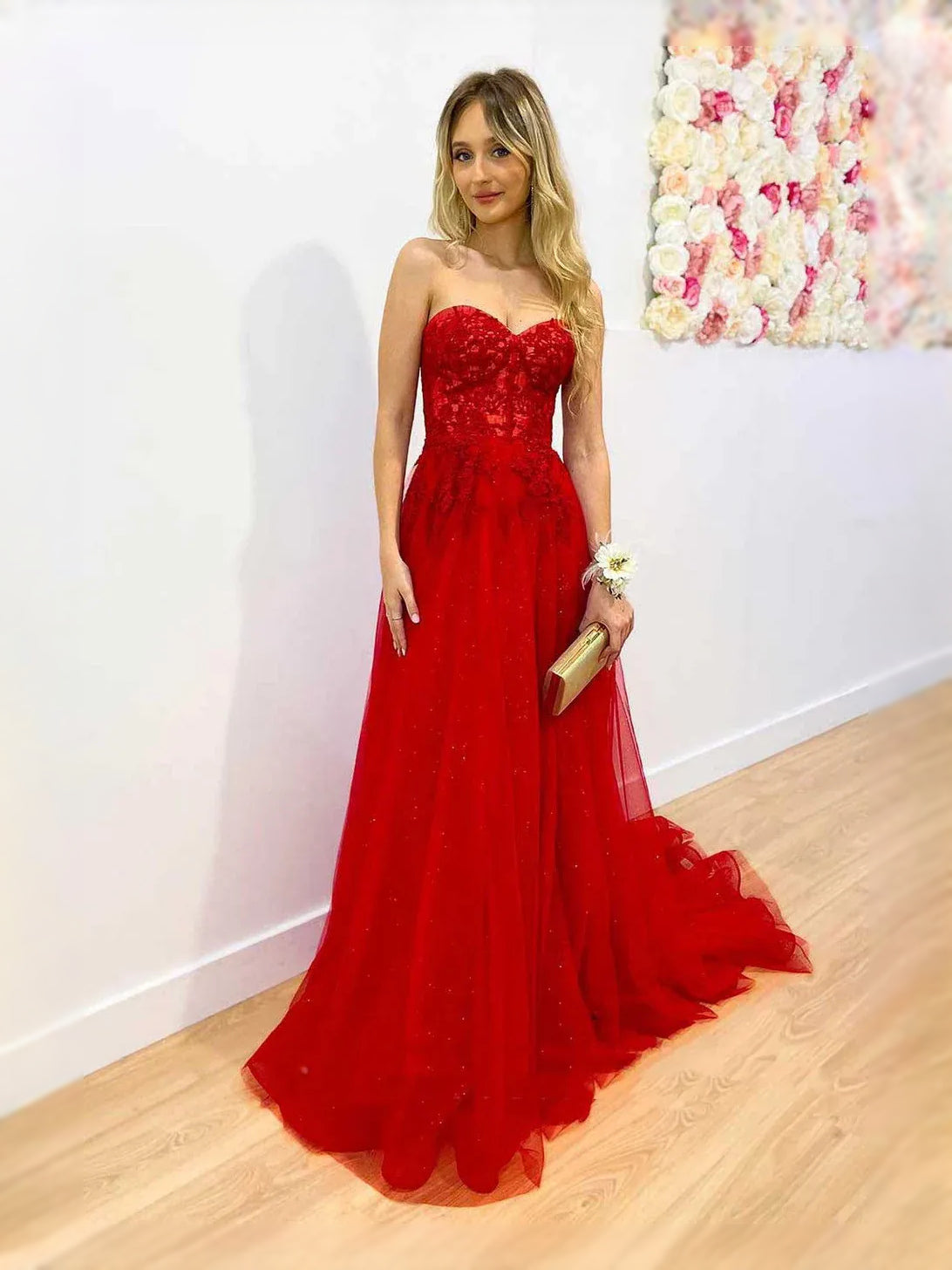 Red maxi prom dress, back view showing the rear of the dress