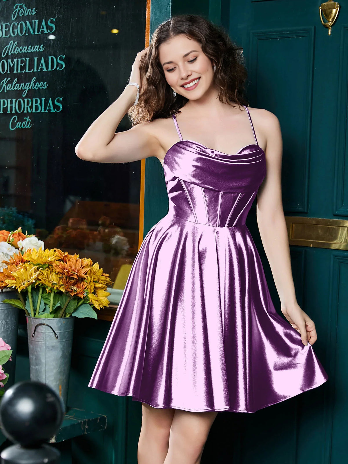 Grape mini homecoming dress, back view showing the rear of the dress