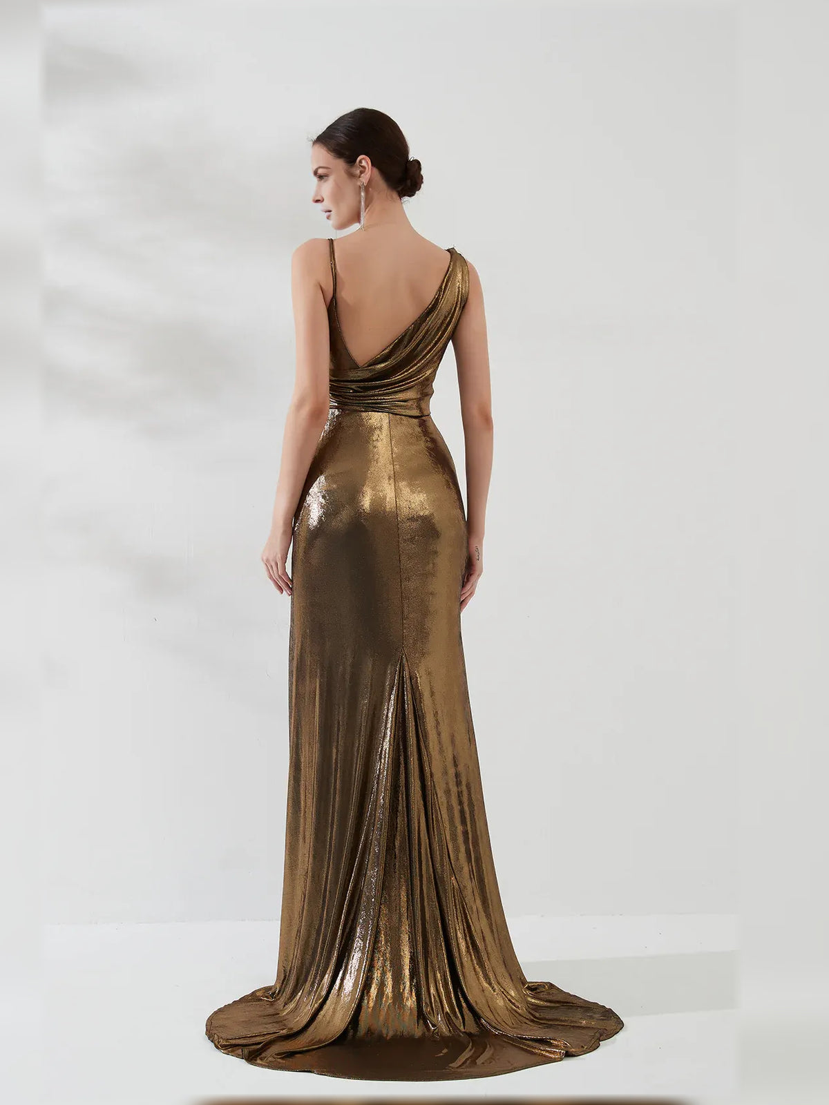 Gold mermaid floor-length formal dress with draping, alternate view