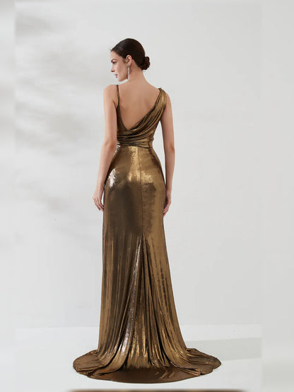 Gold mermaid floor-length formal dress with draping, alternate view