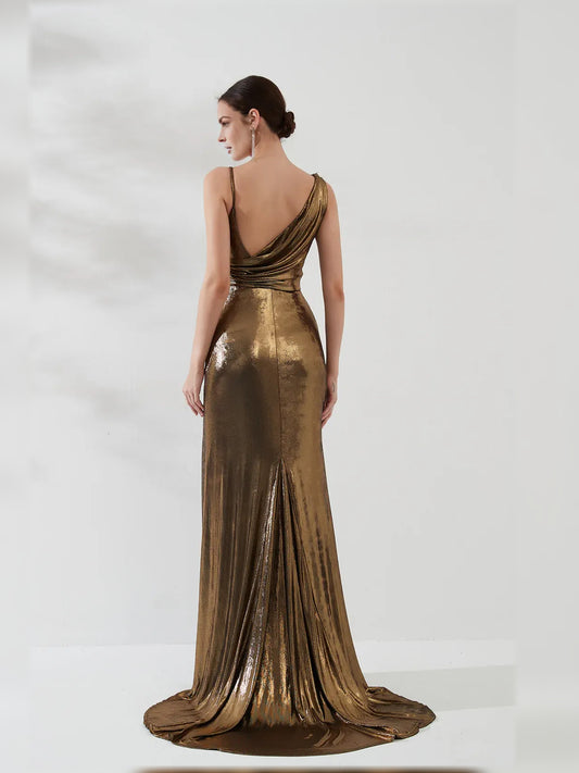 Gold mermaid floor-length formal dress with draping, alternate view