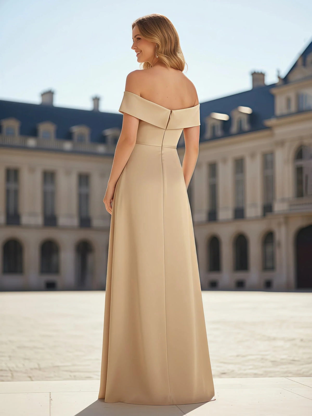 Champagne a-line floor-length formal dress with ruching, alternate view