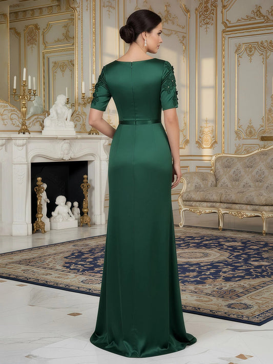 Dark Green short mother of the bride dress, alternate view showing the bodice and skirt