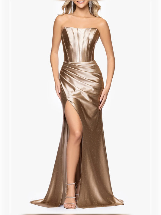 Taupe mermaid floor-length formal dress with skirt slit, alternate view