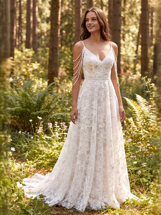 Ivory floor-length wedding dress, alternate view showing the bodice and skirt