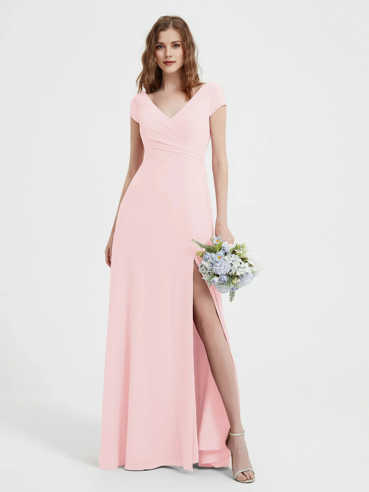 Blush Pink maxi bridesmaid dress, alternate view showing the bodice and skirt