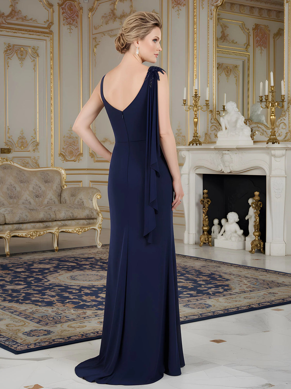 Dark Navy floor-length mother of the bride dress, alternate view showing the bodice and skirt