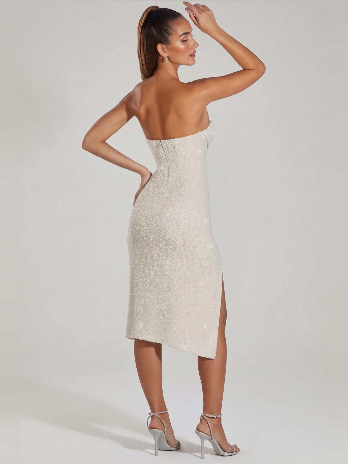 Ivory midi formal dress with cowl neckline, alternate view