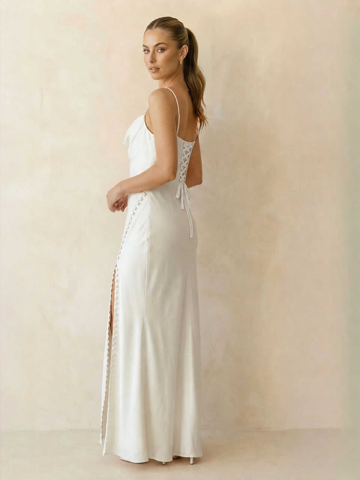 Ivory maxi bridesmaid dress, alternate view showing the bodice and skirt