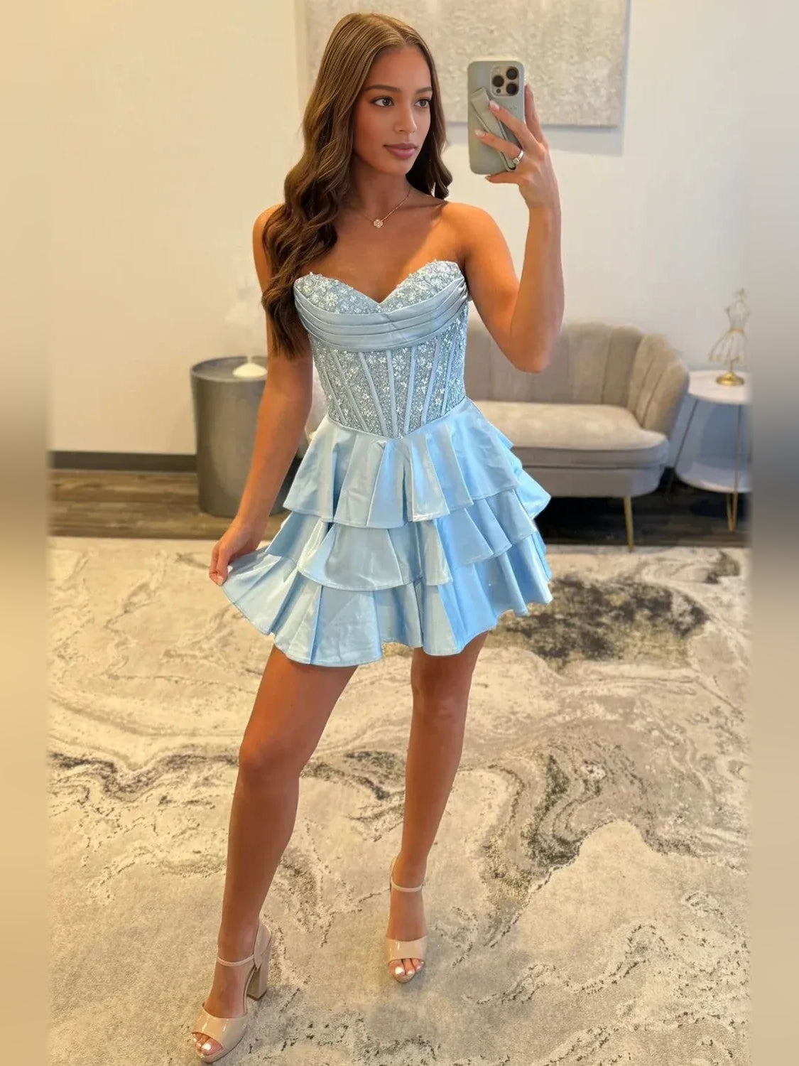 Light Blue mini homecoming dress, back view showing the rear of the dress