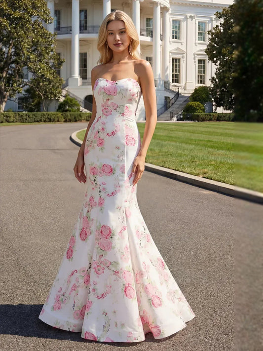 Floral floor-length prom dress, back view showing the rear of the dress