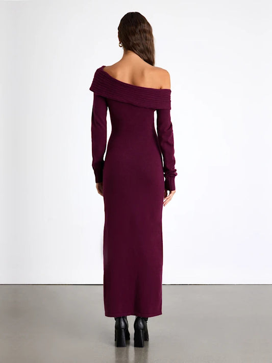 Plum bodycon maxi formal dress with bodycon, full-length back view
