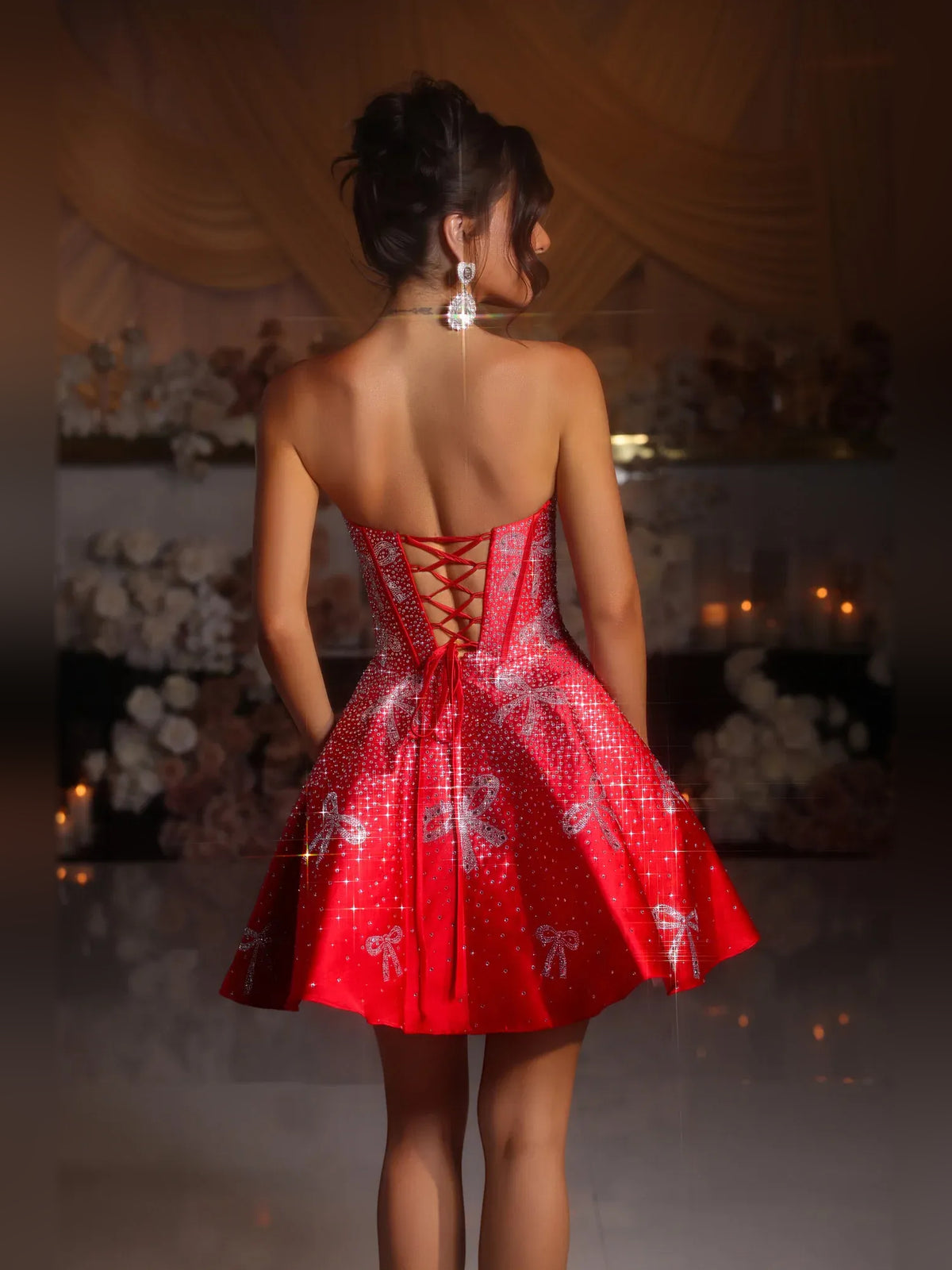 Red mini homecoming dress, back view showing the rear of the dress