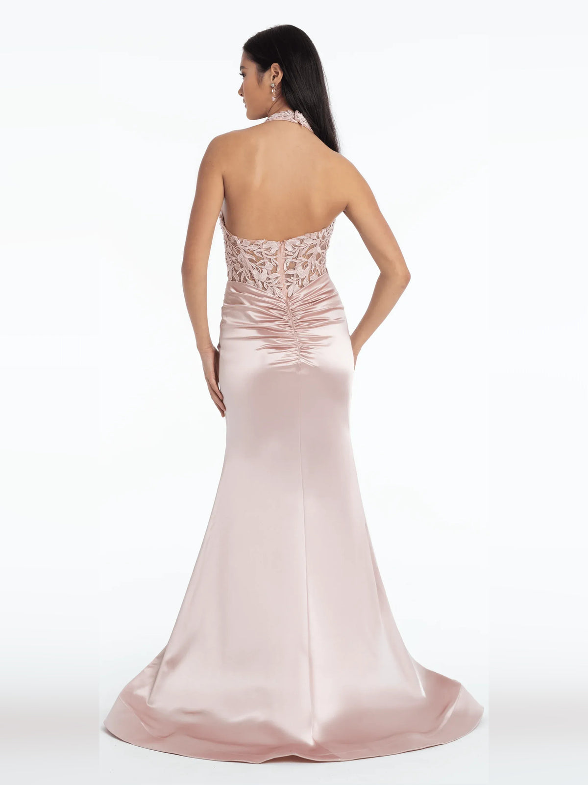 Blush Pink mermaid floor-length formal dress with corset-style bodice, alternate view