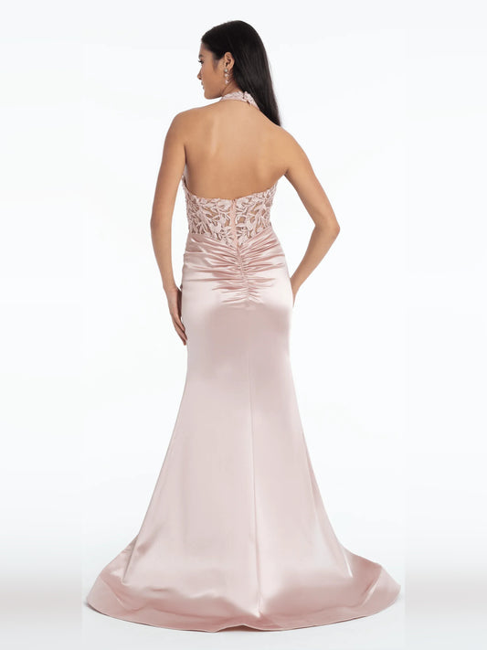 Blush Pink mermaid floor-length formal dress with corset-style bodice, alternate view
