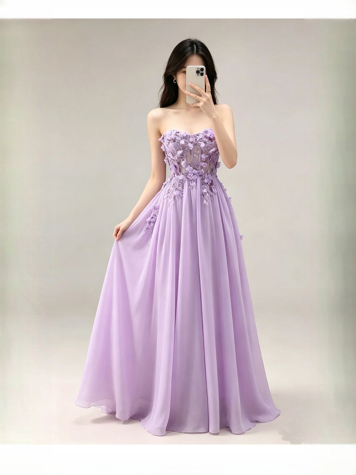 Lilac floor-length prom dress, alternate view showing the bodice and skirt